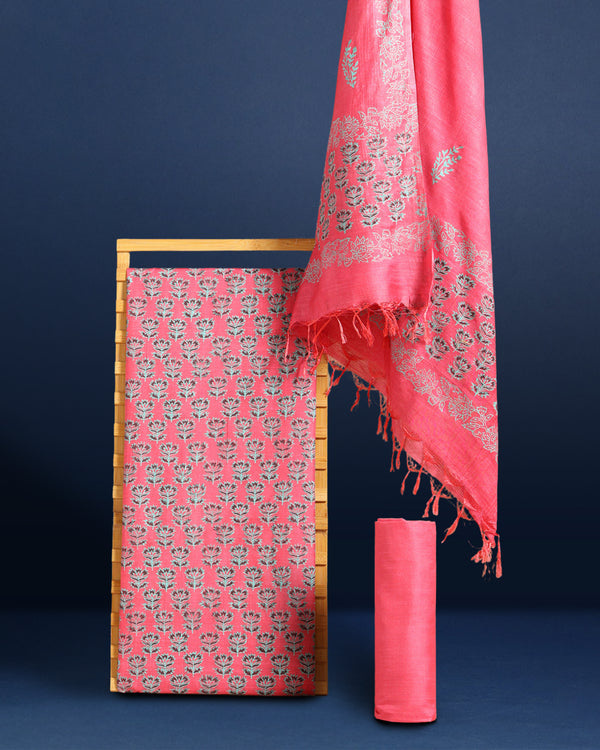 Katan Silk Rosy Blockprint Pink Suit