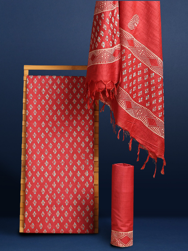 Katan Silk Surreal Blockprint Red Suit