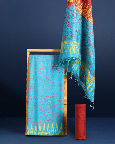 Katan Silk Vibrant Blockprint Sky Blue Suit