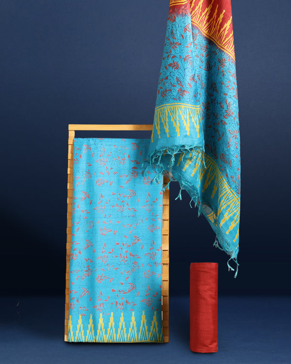 Katan Silk Vibrant Blockprint Sky Blue Suit