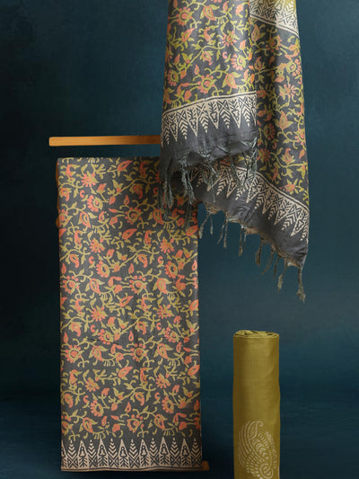 Katan Silk Printed Suit Piece Gray with Bottom & Dupatta-Indiehaat