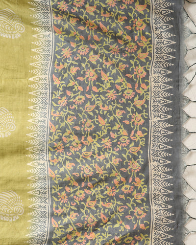 Katan Silk Printed Suit Piece Gray with Bottom & Dupatta-Indiehaat