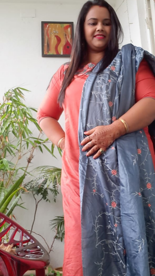 Embroidered Katan Silk Red & Blue Suit