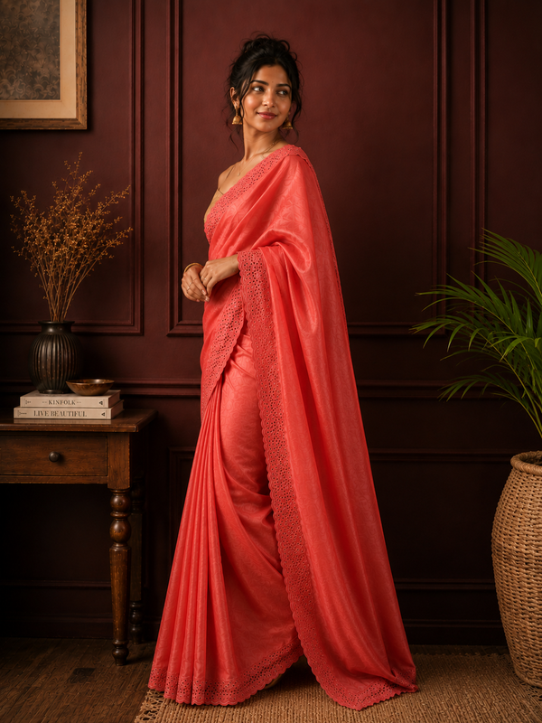 Silkmark Certified Pure Tussar Hand Cutwork Persian Red Saree (Tussar by Tussar Fabric)-Indiehaat