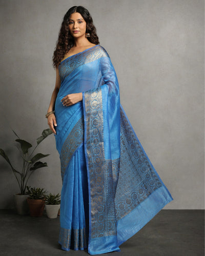 Unique Banarasi Silk Linen Blue Handloom Saree