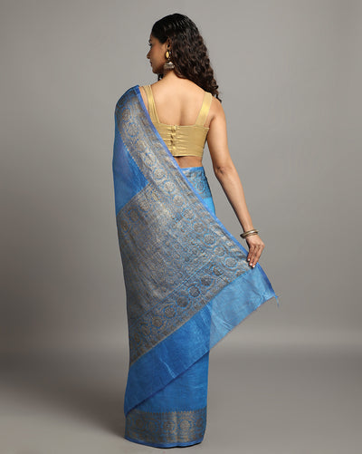 Unique Banarasi Silk Linen Blue Handloom Saree