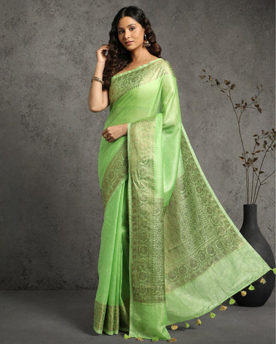 Joyful Banarasi Silk Linen Green Handloom Saree