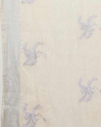 Vivid Pure Linen Embroidered Handloom Off White Saree