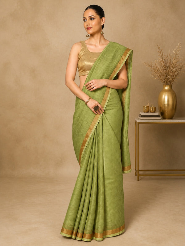 Kota Doria Pure Silk Green Saree Hand Dyed with Blouse-Indiehaat