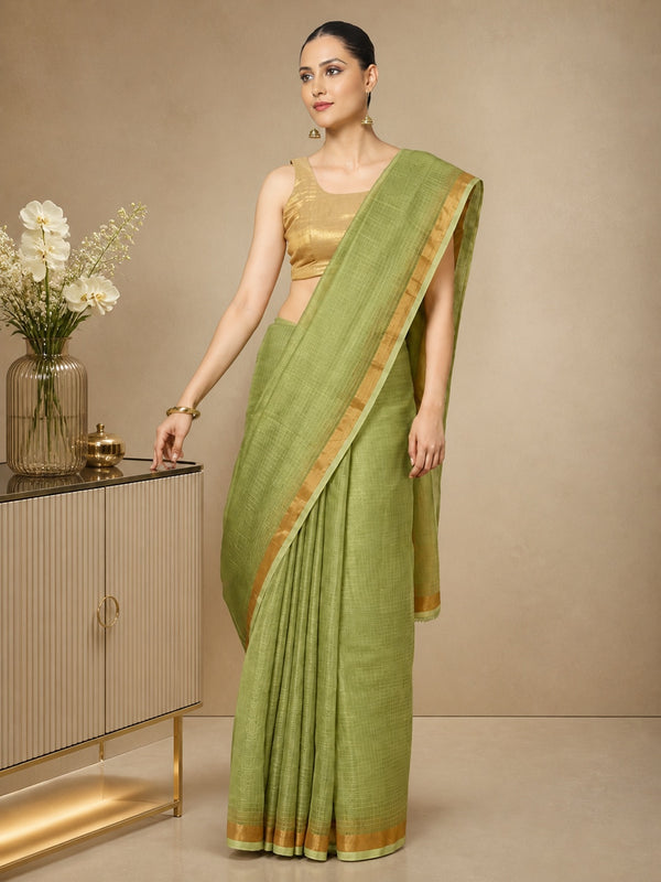 Kota Doria Pure Silk Green Saree Hand Dyed with Blouse-Indiehaat