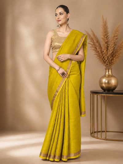 Kota Doria Pure Silk Green and Yellow Saree Hand Dyed with Blouse-Indiehaat