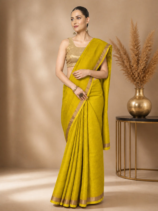 Kota Doria Pure Silk Green and Yellow Saree Hand Dyed with Blouse-Indiehaat