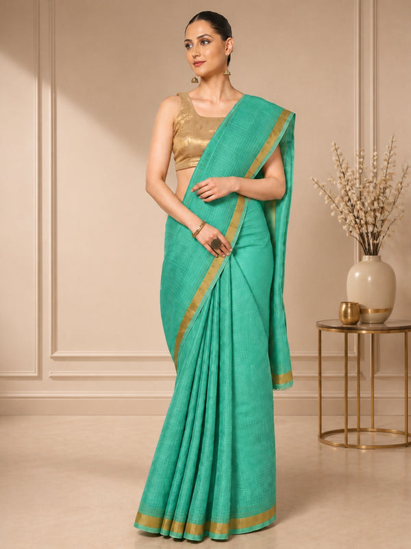 Kota Doria Pure Silk Green Saree Hand Dyed with Blouse-Indiehaat