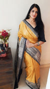 Silkmark Tussar Shining Madhubani Yellow & Black Saree