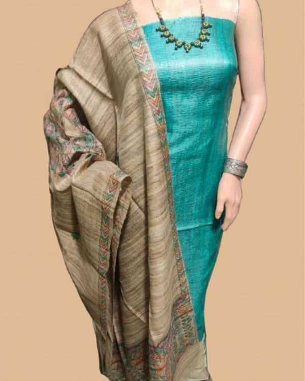 Silkmark Tussar Beige Madhubani Shining Dupatta & Green Top