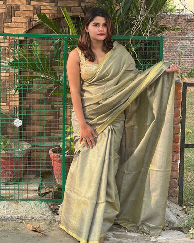 Hand Dyed Pure Tissue Linen Gray Color Saree With Running Blouse Hand Dyed-Indiehaat