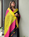 Handwoven Pure Linen Black Saree with Blouse-Indiehaat