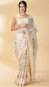 Silk Linen Embroidered Handloom Off White Saree with Blouse-Indiehaat