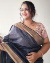 Striped Kota Slub Sequence Pallu Saree Hand Dyed Navy Blue