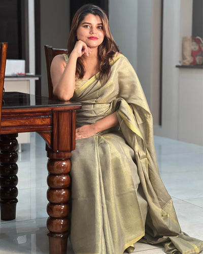 Hand Dyed Pure Tissue Linen Gray Color Saree With Running Blouse Hand Dyed-Indiehaat