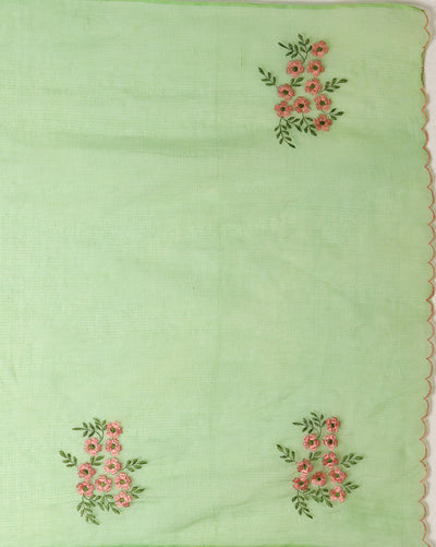 Earthy Kota Doria Green Pure Cotton Floral Embroidery Saree