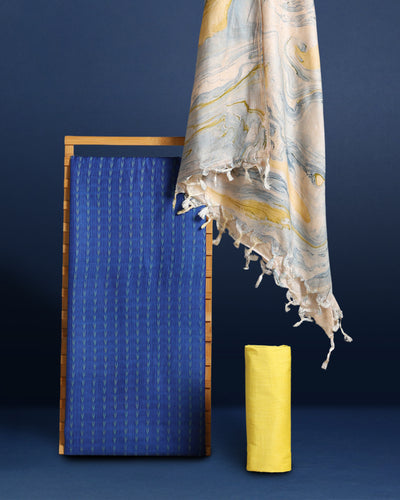 Abstract Katan Silk Tie Dyed Yellow & Blue Suit