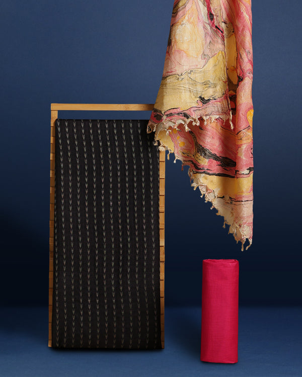 Abstract Katan Silk Marble Print Black & Pink Suit