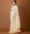 Luminous Silk Linen Embroidered Off White Saree