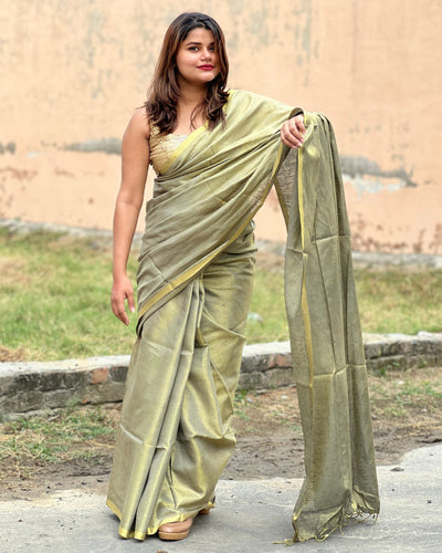 Hand Dyed Pure Tissue Linen Gray Color Saree With Running Blouse Hand Dyed-Indiehaat