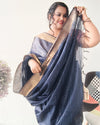 Striped Kota Slub Sequence Pallu Saree Hand Dyed Navy Blue