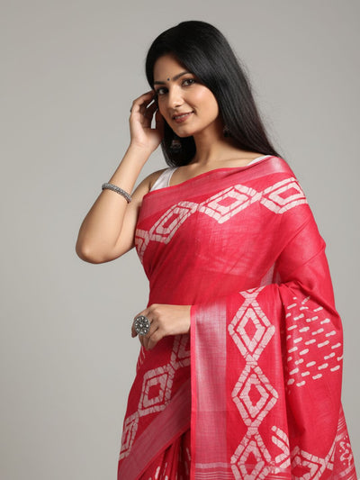 Crimson Slub Linen Saree Wax Batik Hand Dyed Rubine Red