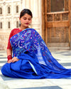 Pure Linen Handloom Saree Blue Color Hand Embroidered with Running Blouse-Indiehaat