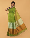 Quaint Silk Linen Handdyed Green Contrast Pallu Saree