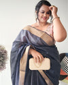 Striped Kota Slub Sequence Pallu Saree Hand Dyed Navy Blue