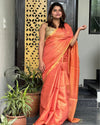 Hand Dyed Pure Tissue Linen Red Saree With Running Blouse Hand Dyed-Indiehaat