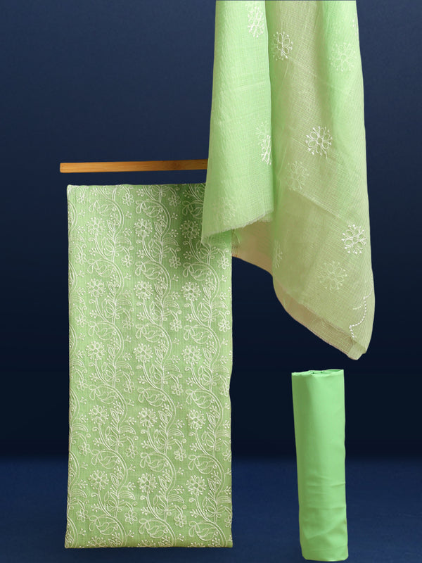 Kota Doria Embroidery Work Suit Material Olivine Green Color -Indiehaat