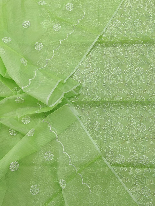 Embroidered Serene Kota Doria Suit Green (Top+Bottom+Dupatta)