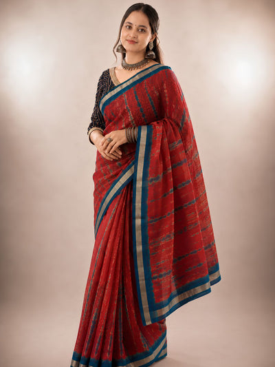 Pure Silk Kota Doria Multi Tye-Dye Sarees Red Color with running blouse-Indiehaat
