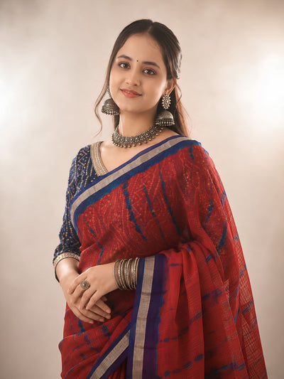 Pure Silk Kota Doria Multi Tye-Dye Sarees Red Color with running blouse-Indiehaat