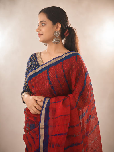 Pure Silk Kota Doria Multi Tye-Dye Sarees Red Color with running blouse-Indiehaat