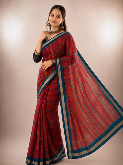 Pure Silk Kota Doria Multi Tye-Dye Sarees Red Color with running blouse-Indiehaat