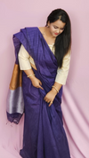 Silk Linen Plain Saree Blue Colour with contrast border and attached Running Blouse Violet Purple colour saree (Any Colour Customizable)-Indiehaat