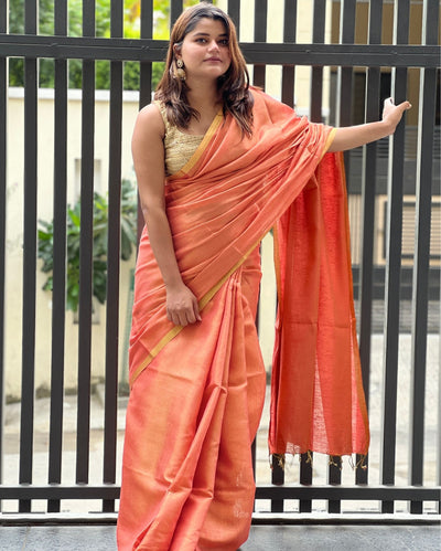 Hand Dyed Pure Tissue Linen Red Saree With Running Blouse Hand Dyed-Indiehaat