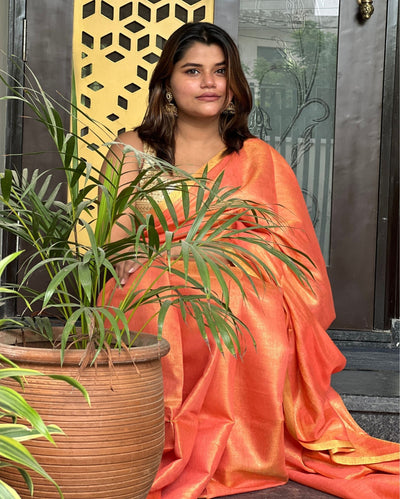 Hand Dyed Pure Tissue Linen Red Saree With Running Blouse Hand Dyed-Indiehaat