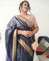 Striped Kota Slub Sequence Pallu Saree Hand Dyed Navy Blue