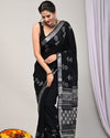 Linen Blockprinted Joyful Black Natural Dye Saree