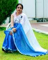 Shop Pure Linen Saree Online with Hand Embroidered, White & Blue Combo