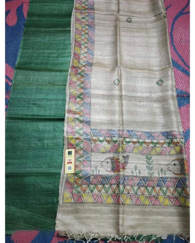 Silkmark Tussar Beige Madhubani Shining Dupatta & Green Top