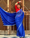 Pure Linen Handloom Saree Blue Color Hand Embroidered with Running Blouse-Indiehaat