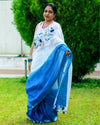 Shop Pure Linen Saree Online with Hand Embroidered, White & Blue Combo